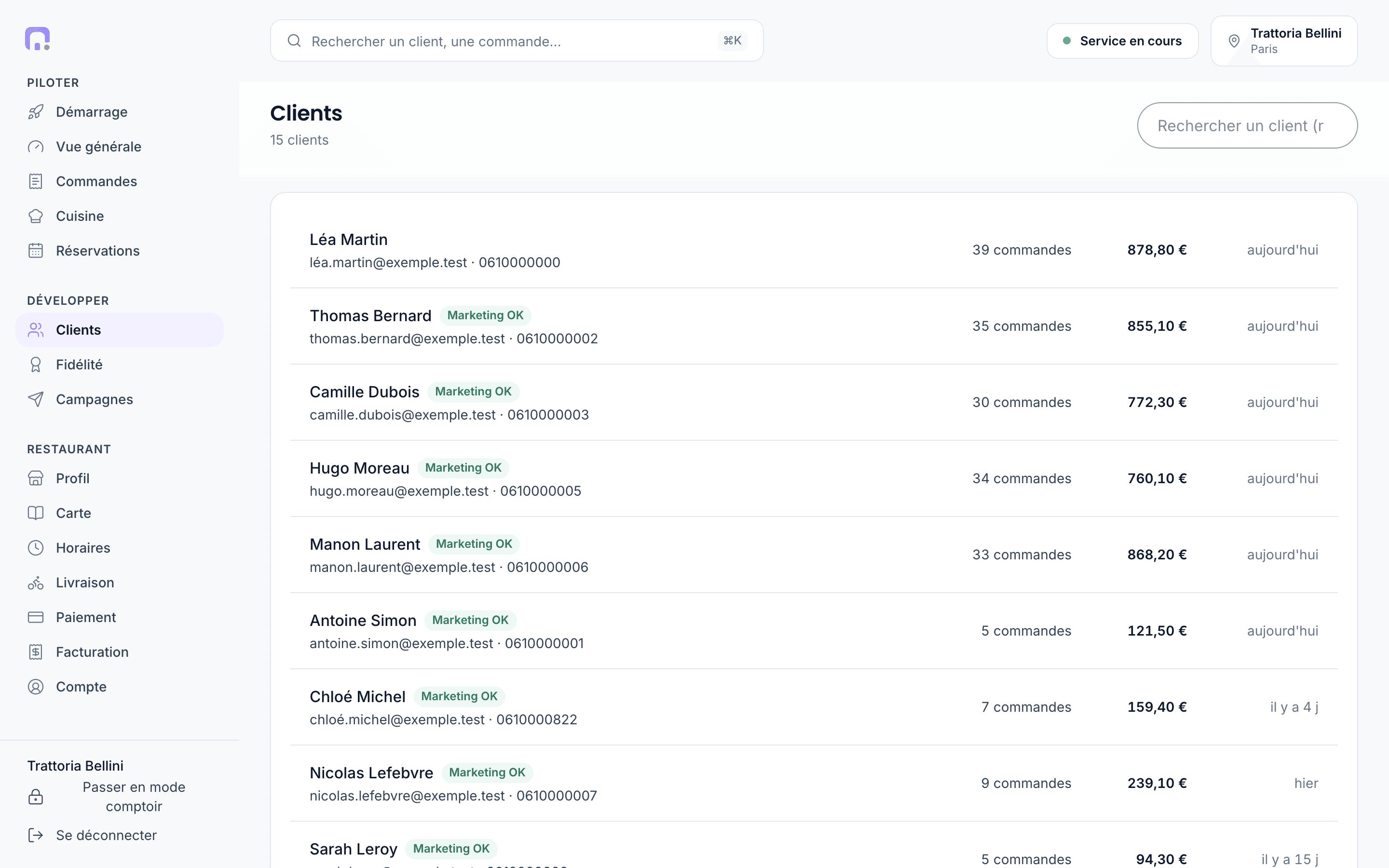 Le fichier clients d'AVEN TABLE : chaque client, ses commandes, son total et sa dernière visite.