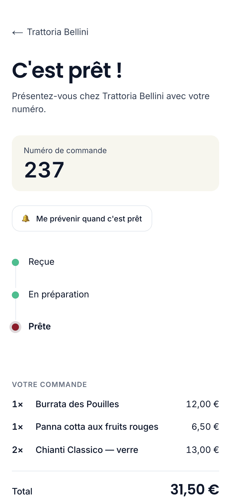Le suivi de commande côté client, qui annonce que la commande est prête.