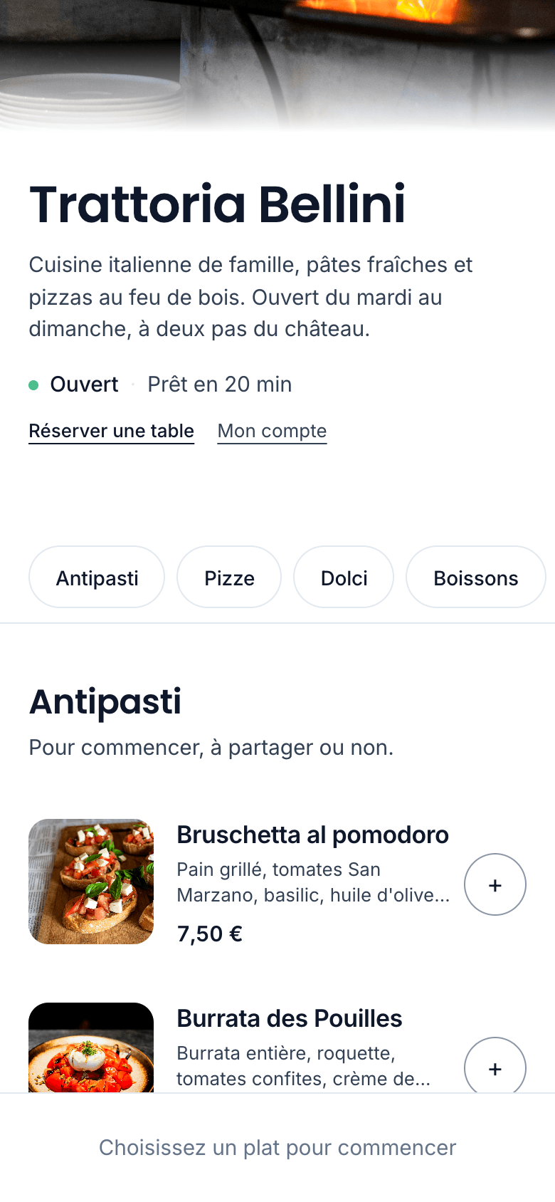 La page de commande de la Trattoria Bellini sur téléphone : restaurant ouvert, premiers plats avec leur photo et leur prix.